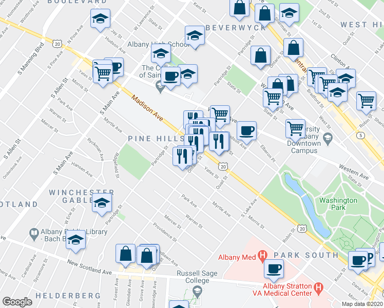 map of restaurants, bars, coffee shops, grocery stores, and more near 497 Morris Street in Albany