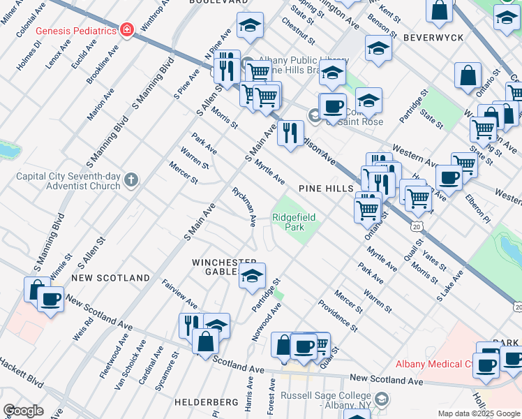 map of restaurants, bars, coffee shops, grocery stores, and more near 2 Peyster Street in Albany