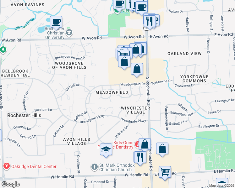 map of restaurants, bars, coffee shops, grocery stores, and more near 220 Hillside Court in Rochester Hills