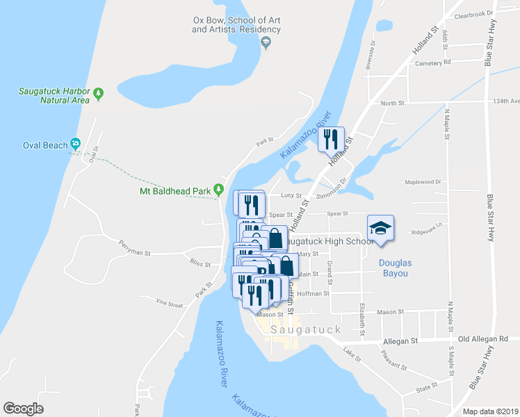 map of restaurants, bars, coffee shops, grocery stores, and more near 645 Water Street in Saugatuck