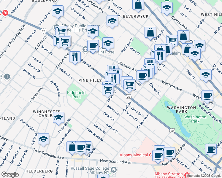 map of restaurants, bars, coffee shops, grocery stores, and more near 497 Morris Street in Albany