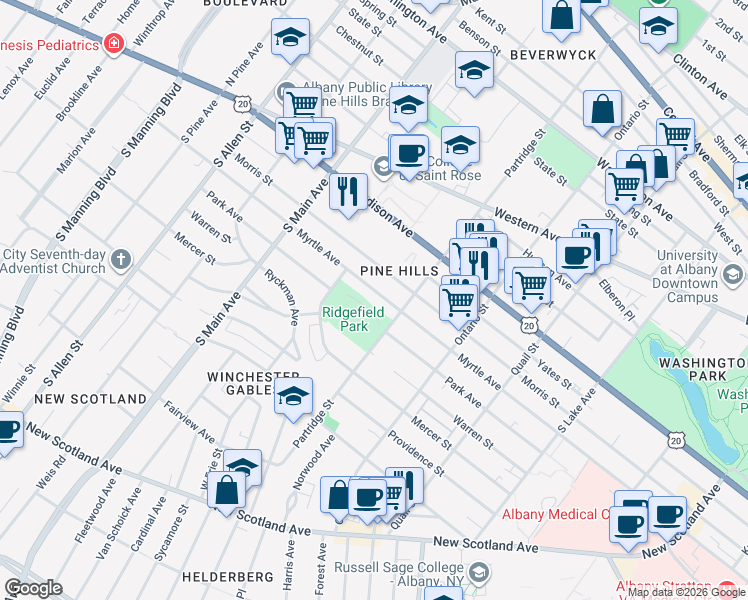 map of restaurants, bars, coffee shops, grocery stores, and more near 712 Myrtle Avenue in Albany