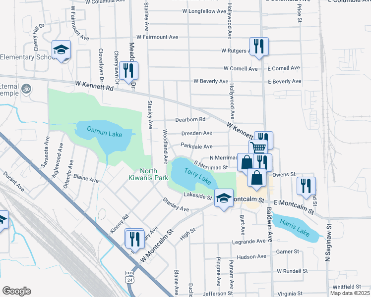 map of restaurants, bars, coffee shops, grocery stores, and more near 187 Parkdale Avenue in Pontiac