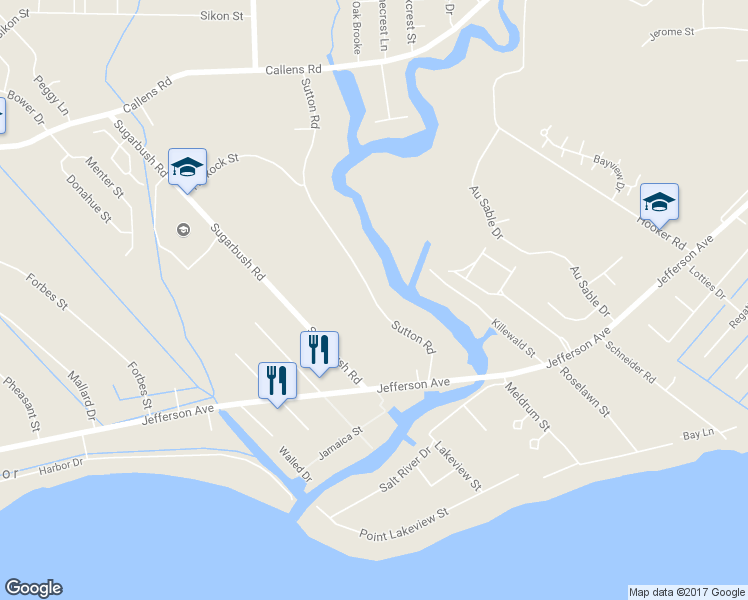 map of restaurants, bars, coffee shops, grocery stores, and more near 32754 Sutton Road in New Baltimore
