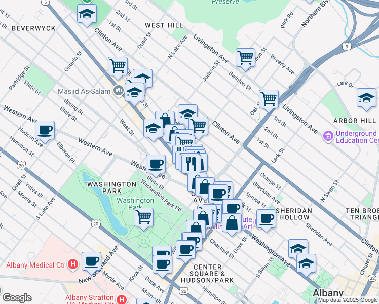 map of restaurants, bars, coffee shops, grocery stores, and more near 87 Sherman Street in Albany