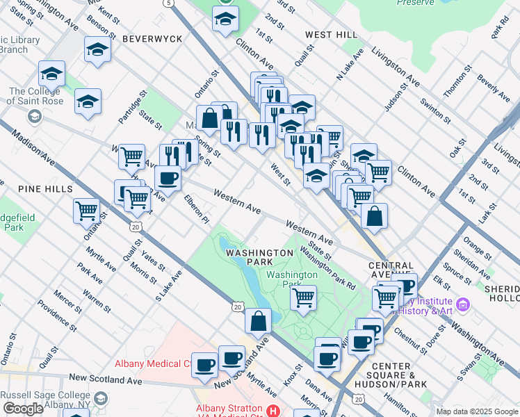map of restaurants, bars, coffee shops, grocery stores, and more near in STUYVSNT PLZ