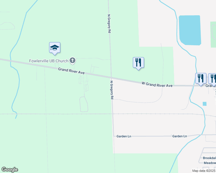 map of restaurants, bars, coffee shops, grocery stores, and more near 4000-4558 North Gregory Road in Fowlerville