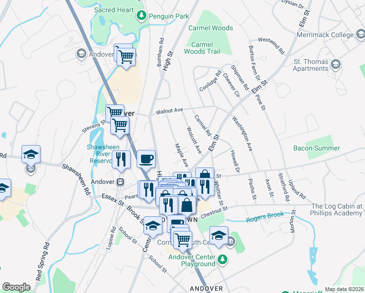 map of restaurants, bars, coffee shops, grocery stores, and more near 37a Maple Avenue in Andover