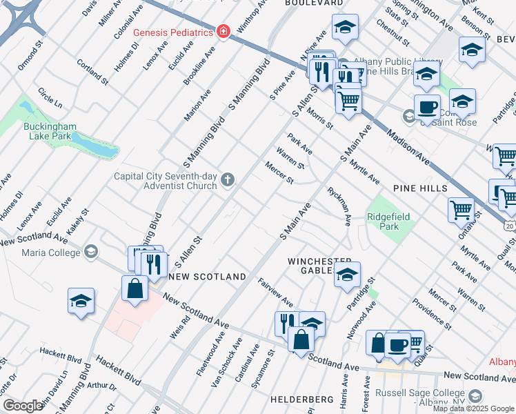 map of restaurants, bars, coffee shops, grocery stores, and more near 318 Hansen Avenue in Albany