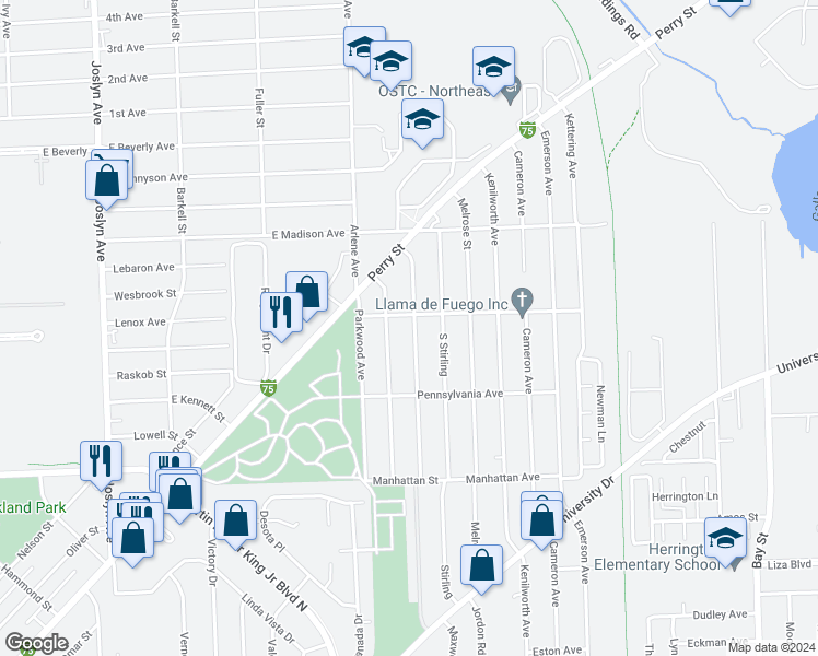 map of restaurants, bars, coffee shops, grocery stores, and more near 815 Robinwood Street in Pontiac