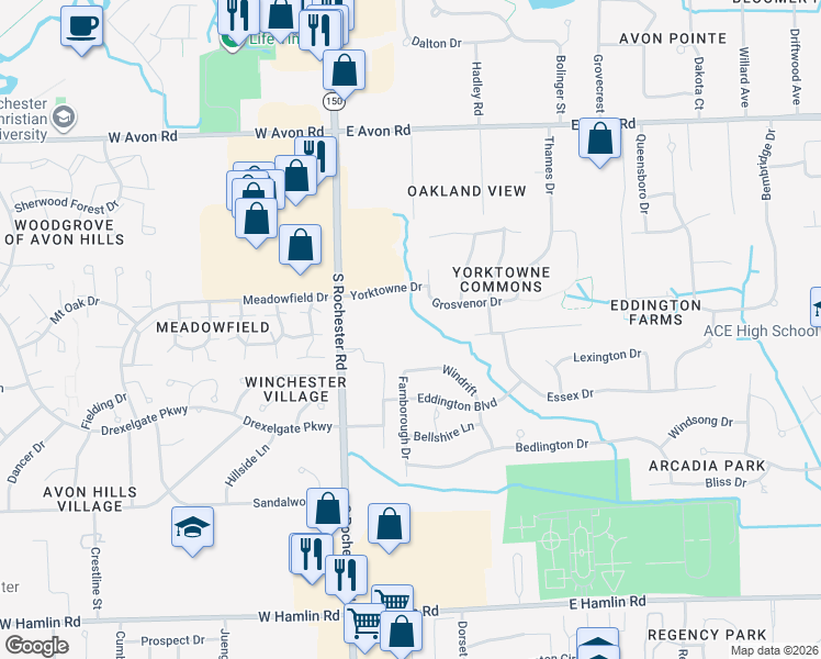 map of restaurants, bars, coffee shops, grocery stores, and more near 1401 South Rochester Road in Rochester Hills