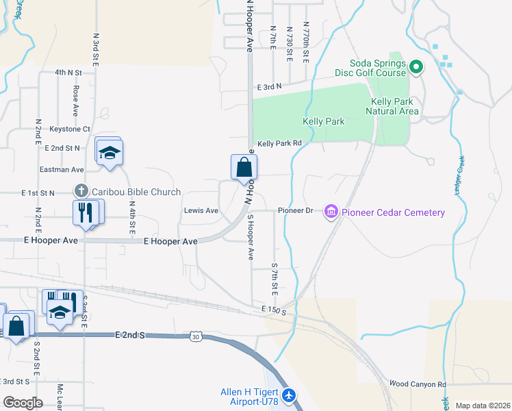 map of restaurants, bars, coffee shops, grocery stores, and more near 80 North Hooper Avenue in Soda Springs