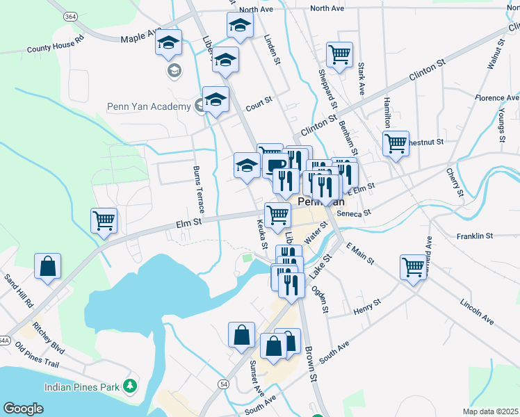 map of restaurants, bars, coffee shops, grocery stores, and more near 300 Elm Street in Penn Yan