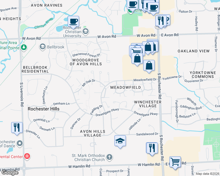 map of restaurants, bars, coffee shops, grocery stores, and more near 1560 Meadowside Drive in Rochester Hills