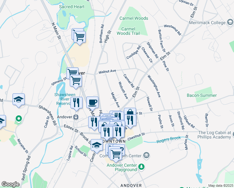 map of restaurants, bars, coffee shops, grocery stores, and more near 23 Maple Avenue in Andover