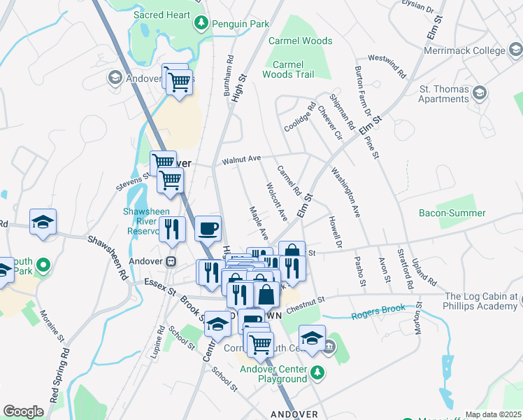 map of restaurants, bars, coffee shops, grocery stores, and more near 23 Maple Avenue in Andover