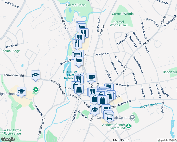 map of restaurants, bars, coffee shops, grocery stores, and more near 122 North Main Street in Andover