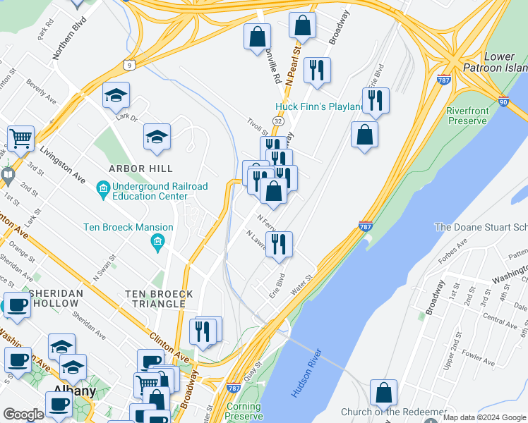 map of restaurants, bars, coffee shops, grocery stores, and more near 58-66 N Ferry St in Albany