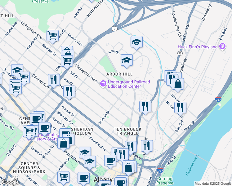 map of restaurants, bars, coffee shops, grocery stores, and more near 143 Livingston Avenue in Albany