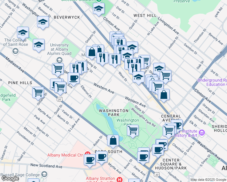 map of restaurants, bars, coffee shops, grocery stores, and more near 2 Thurlow Terrace in Albany