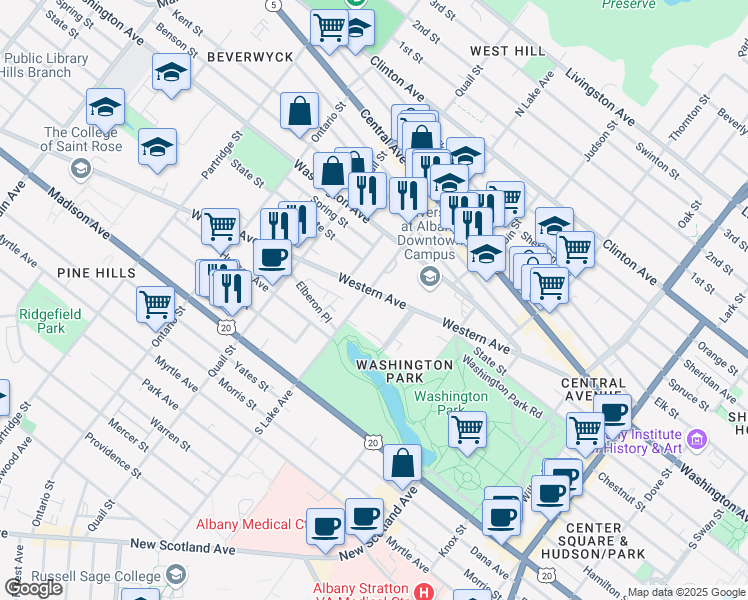 map of restaurants, bars, coffee shops, grocery stores, and more near 14 South Lake Avenue in Albany