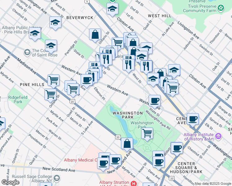 map of restaurants, bars, coffee shops, grocery stores, and more near 14 South Lake Avenue in Albany