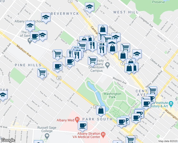 map of restaurants, bars, coffee shops, grocery stores, and more near 14 South Lake Avenue in Albany