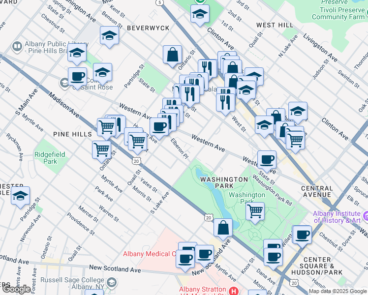 map of restaurants, bars, coffee shops, grocery stores, and more near 3 Elberon Place in Albany
