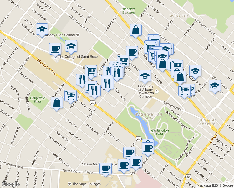 map of restaurants, bars, coffee shops, grocery stores, and more near 420 Hudson Avenue in Albany