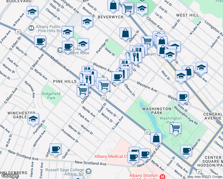 map of restaurants, bars, coffee shops, grocery stores, and more near 248 Quail Street in Albany