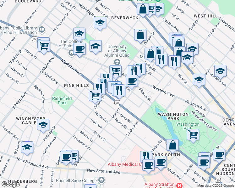 map of restaurants, bars, coffee shops, grocery stores, and more near 799 Madison Avenue in Albany