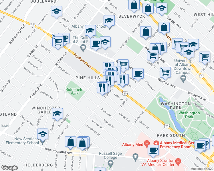 map of restaurants, bars, coffee shops, grocery stores, and more near 497 Morris Street in Albany