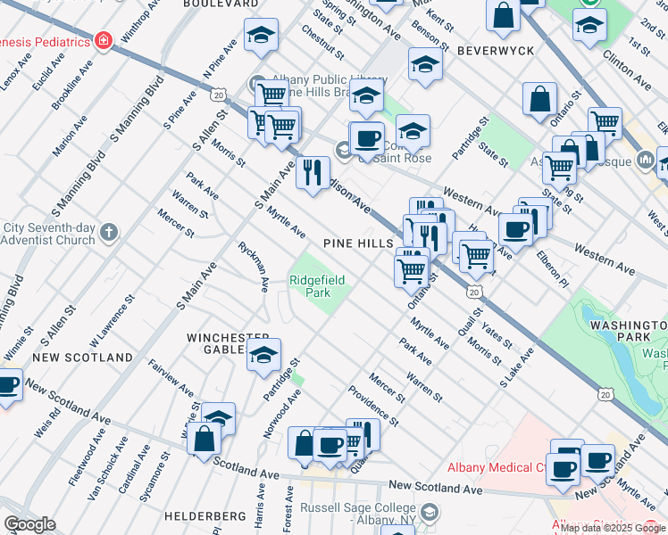 map of restaurants, bars, coffee shops, grocery stores, and more near 712 Myrtle Avenue in Albany
