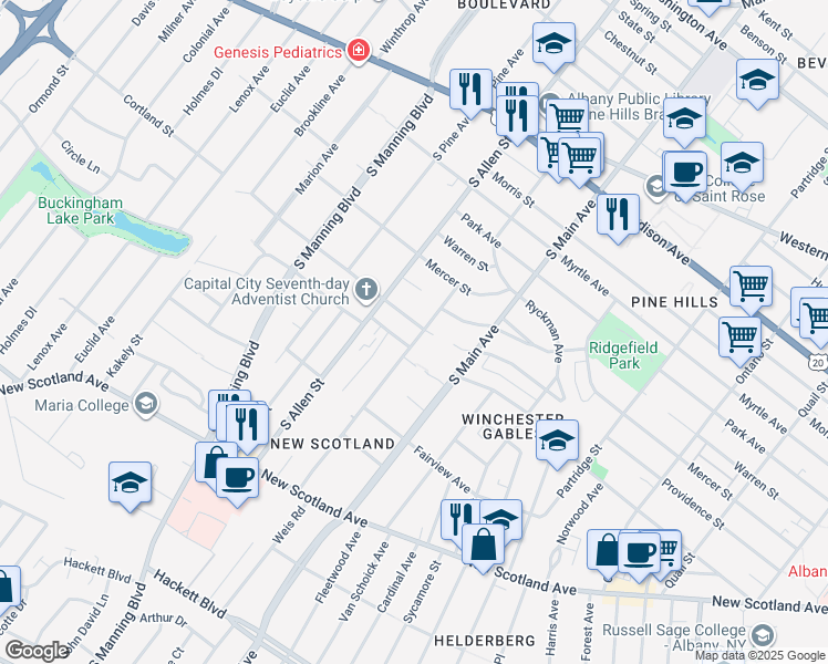 map of restaurants, bars, coffee shops, grocery stores, and more near 318 Hansen Avenue in Albany