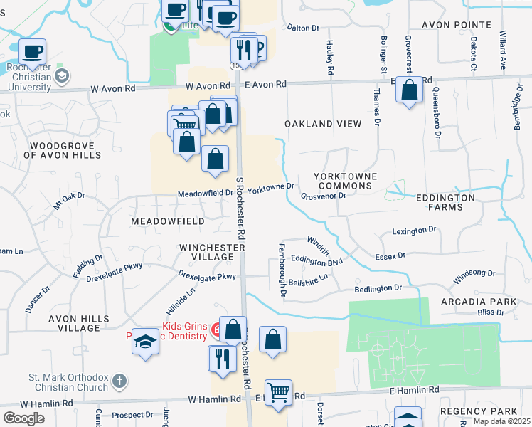 map of restaurants, bars, coffee shops, grocery stores, and more near 1401 South Rochester Road in Rochester Hills