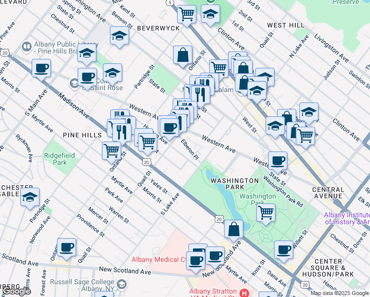 map of restaurants, bars, coffee shops, grocery stores, and more near 420 Hudson Avenue in Albany