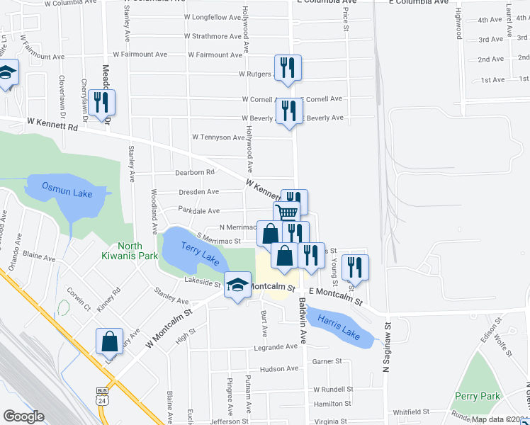 map of restaurants, bars, coffee shops, grocery stores, and more near 51 Parkdale Avenue in Pontiac