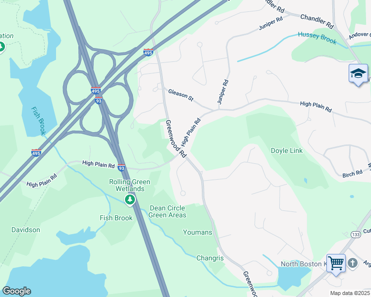 map of restaurants, bars, coffee shops, grocery stores, and more near 204 High Plain Road in Andover