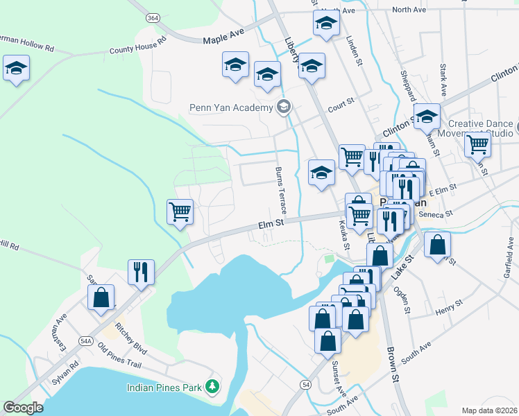 map of restaurants, bars, coffee shops, grocery stores, and more near 351 Elm Street in Penn Yan