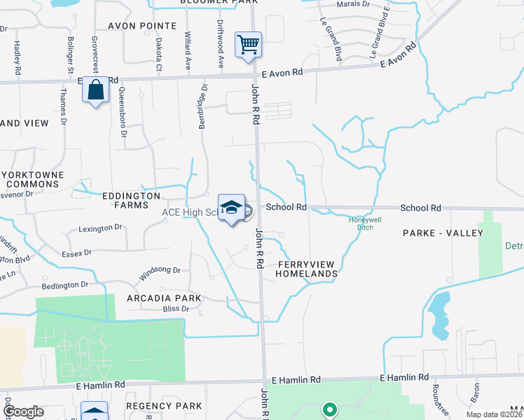 map of restaurants, bars, coffee shops, grocery stores, and more near 1459 John R Road in Rochester Hills