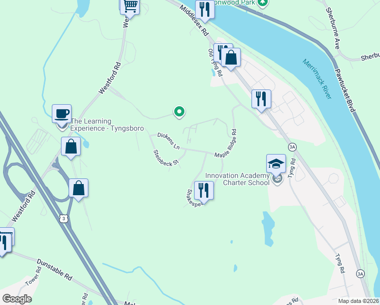map of restaurants, bars, coffee shops, grocery stores, and more near 48 Shakespeare Street in Tyngsborough