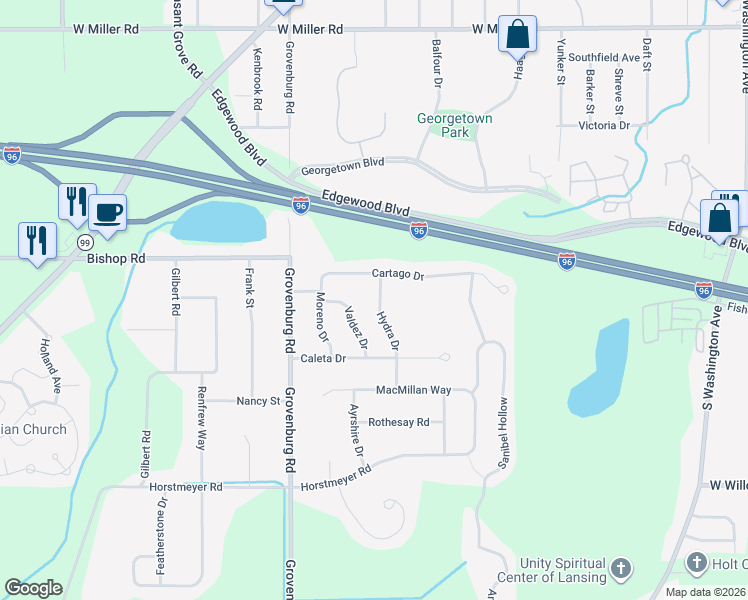 map of restaurants, bars, coffee shops, grocery stores, and more near 2721 Hydra Drive in Lansing