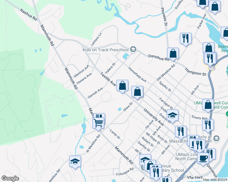map of restaurants, bars, coffee shops, grocery stores, and more near 322 Merrill Lane in Dracut