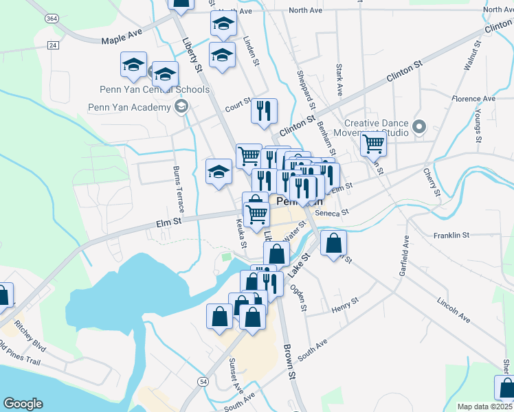 map of restaurants, bars, coffee shops, grocery stores, and more near 226 Liberty St in Penn Yan