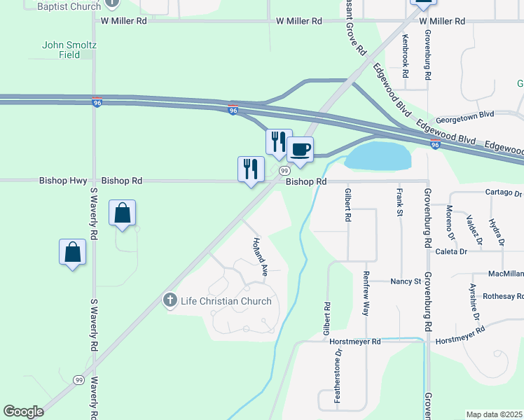 map of restaurants, bars, coffee shops, grocery stores, and more near 2720 Eaton Rapids Road in Lansing