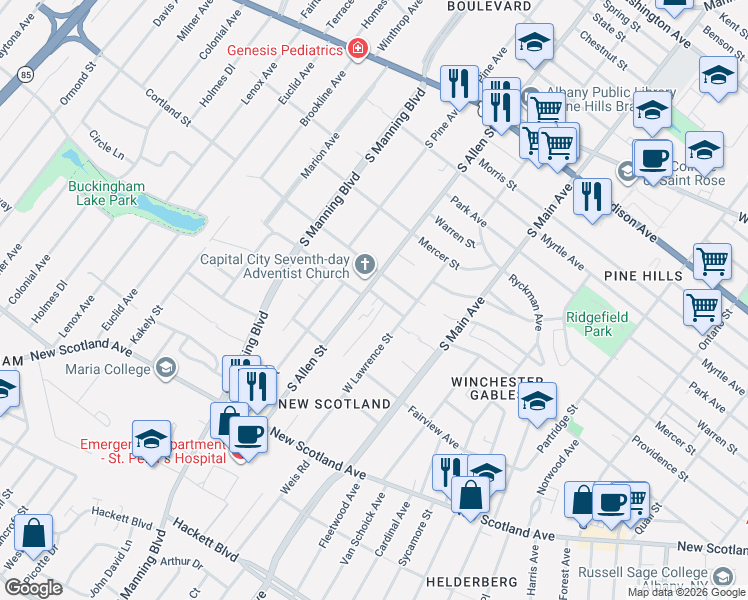 map of restaurants, bars, coffee shops, grocery stores, and more near 430 West Lawrence Street in Albany