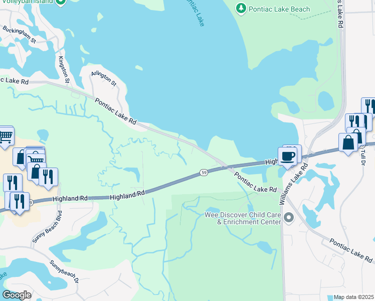map of restaurants, bars, coffee shops, grocery stores, and more near 1675 Riverbend Drive in White Lake charter Township