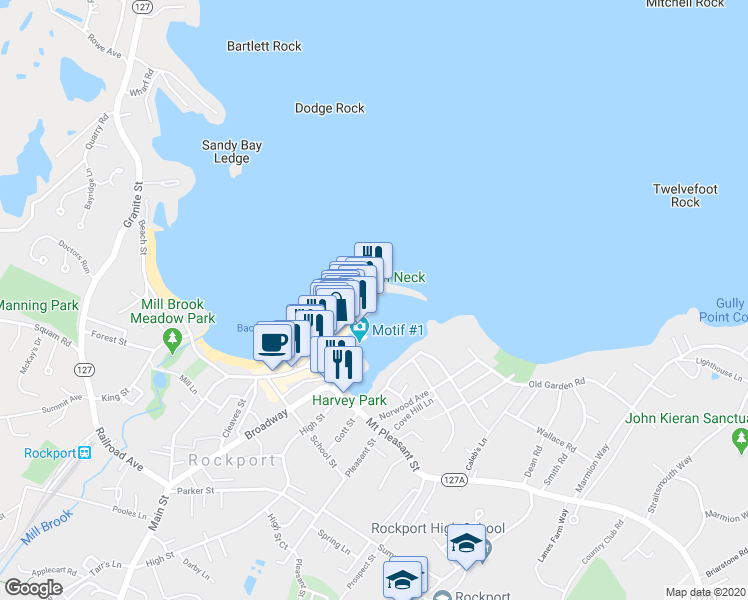 map of restaurants, bars, coffee shops, grocery stores, and more near 77 Bearskin Neck in Rockport