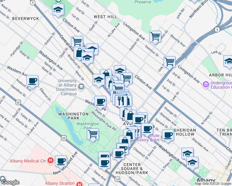 map of restaurants, bars, coffee shops, grocery stores, and more near in Albany