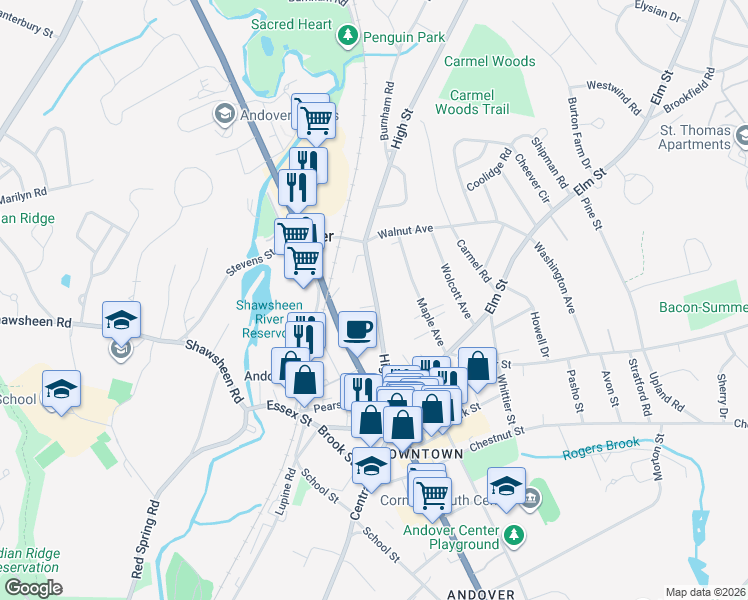 map of restaurants, bars, coffee shops, grocery stores, and more near 40 High Street in Andover